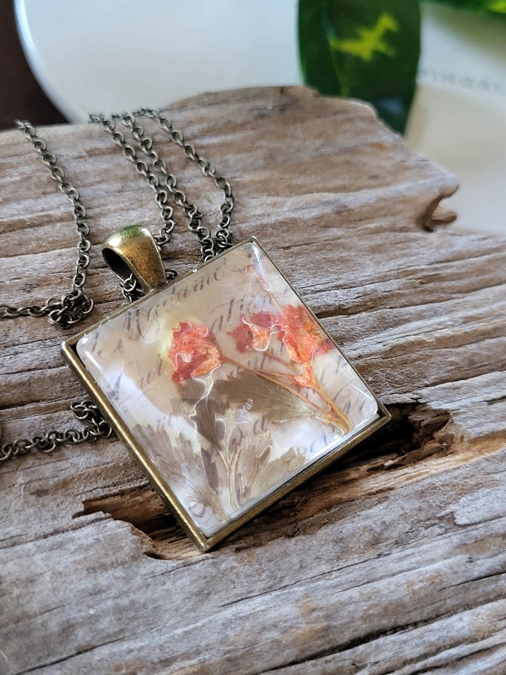 Handcrafted Orange Floral Square Under Glass Cabachon Necklace